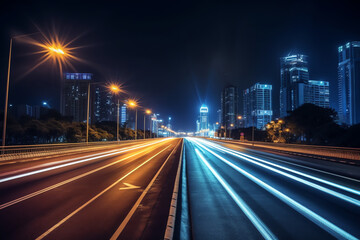 Fototapeta na wymiar Generative AI Straight asphalt highway passing through the city above in Hangzhou at night