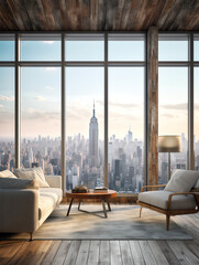 Generative AI Midtown New York City Manhattan Skyline Buildings from High Rise Window. Beautiful Expensive Real Estate. Empty room Interior Skyscrapers View Cityscape. Day time. Hudson Yards West Side