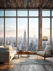 Fotobehang Manhattan Generative AI Midtown New York City Manhattan Skyline Buildings from High Rise Window. Beautiful Expensive Real Estate. Empty room Interior Skyscrapers View Cityscape. Day time. Hudson Yards West Side
