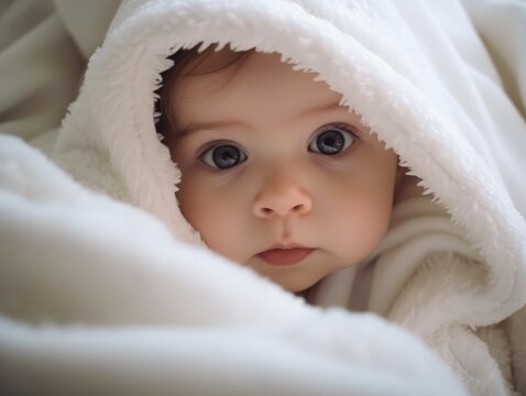 a very cute little white caucasian baby kid wrapped in soft white blanket on a bed. image perfect for ads. big blue eyes and tiny nose. Generative AI