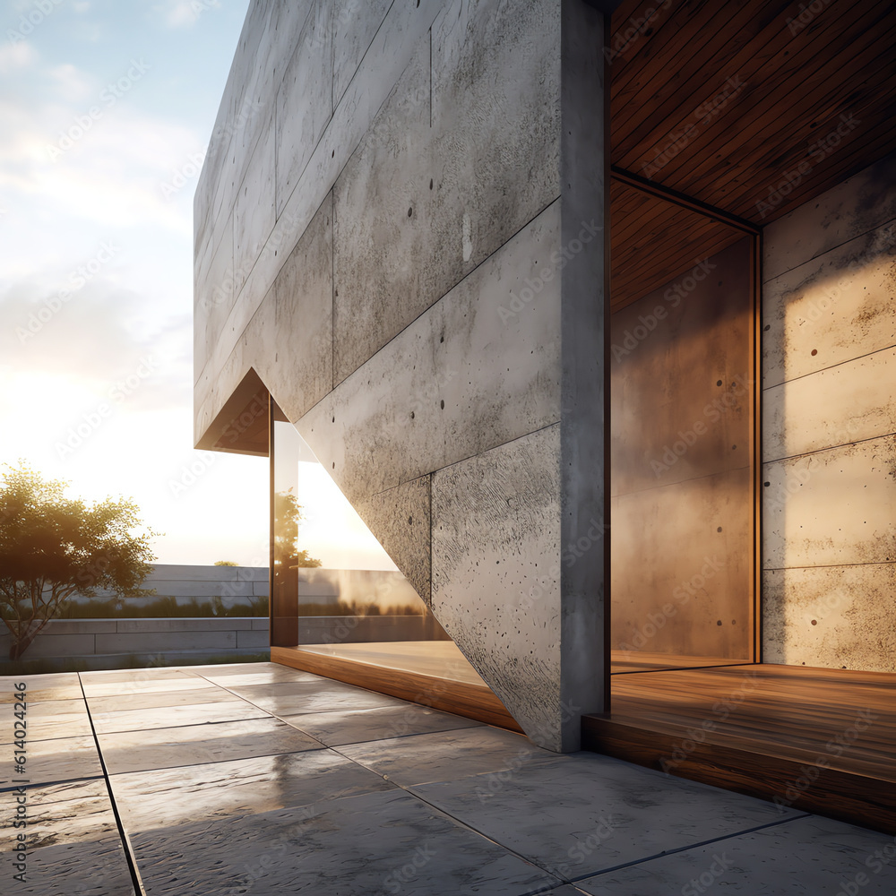 Poster generative ai perspective view of empty concrete floor with cement structure and wooden wall buildin