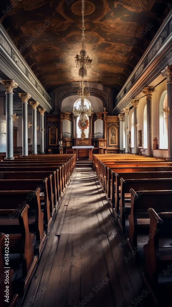 Poster generative ai inside an empty church in normandy, france.
