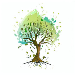 Tranquil Arboretum: Watercolor Illustration of Green Splash Tree, Generative AI