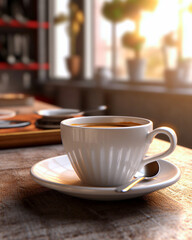 明るい部屋で白いコーヒーマグでコーヒーを飲むコーヒータイム