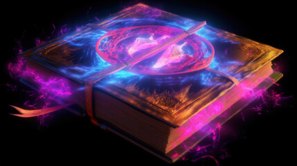 Ancient magical tome bursting open with magic energy