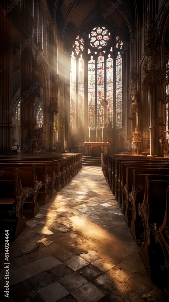 Poster generative ai inside an empty church in france.