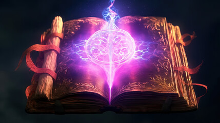 Ancient magical tome bursting open with magic energy