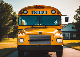 Plakat Generative AI Big classic vintage american yellow schoolbus standing on a bus lane at highway and waiting pupils and children for school trip road. School bus transport back door view on route bright 
