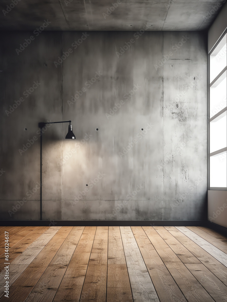 Poster generative ai perspective view of empty concrete floor with cement structure and wooden wall buildin