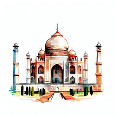 Majestic Wonder: Watercolor Illustration of Taj Mahal, Generative AI
