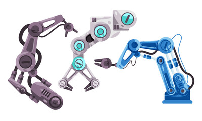 Robotic arm set collection in many color grey futuristic white and blue industrial robot hand automation