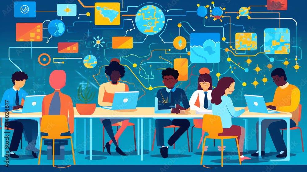 Poster Generative AI Vector illustration with children working on computers, teacher teacher, Children learn to coding banner, informatics lesson in class, people working on laptops