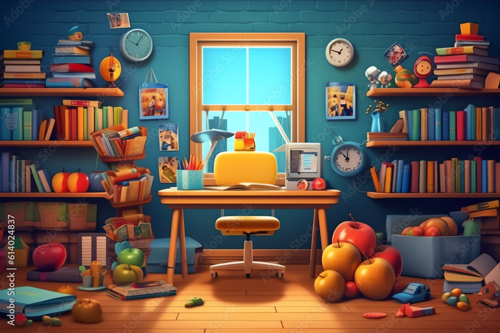 Poster generative ai empty school class room with board desk, shelf, books, clock. modern vector illustrati