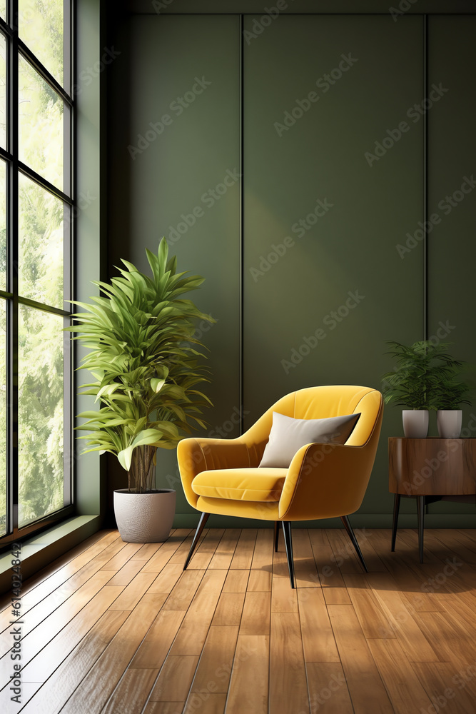 Aufkleber generative ai living room with green armchair on empty dark green wall background.3d rendering