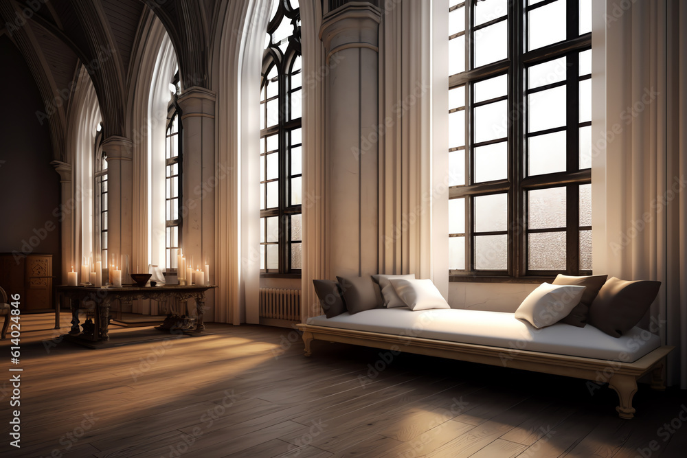 Aufkleber generative ai beautiful view of empty wooden benches near window in church