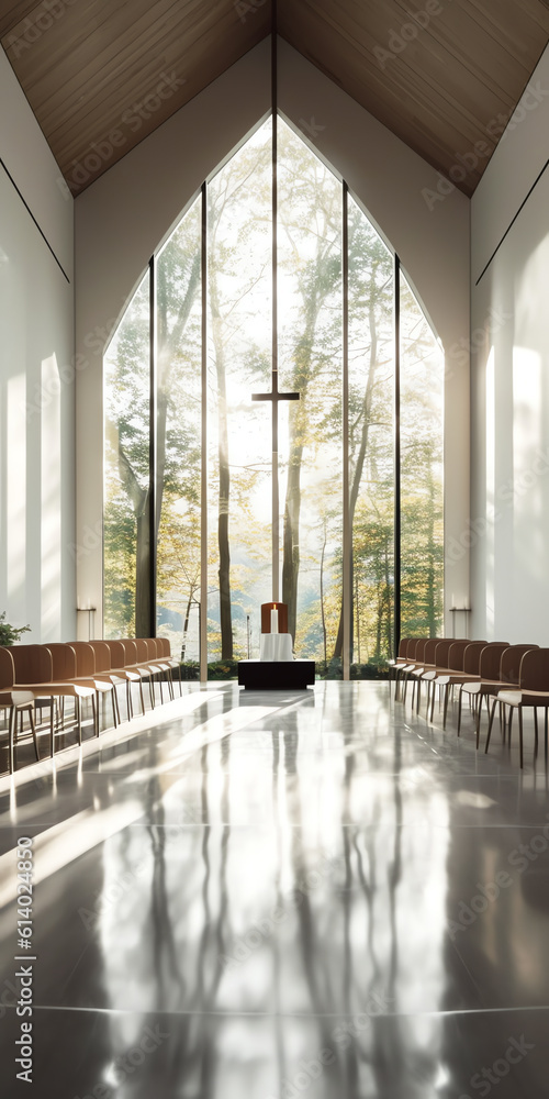 Poster Generative AI Empty pews in a small chapel, in which soft sunlight falls through a small window.