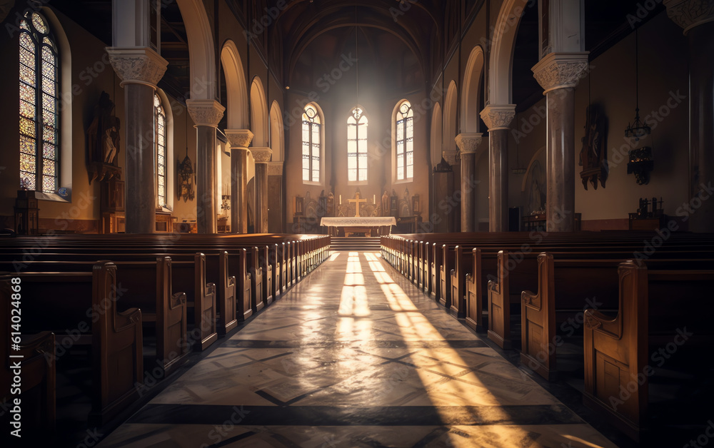 Poster generative ai empty benches in cathedral close up view. church before the worship.