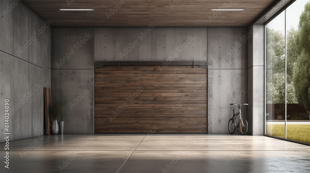 Poster generative ai perspective view of empty concrete floor with cement structure and wooden wall buildin