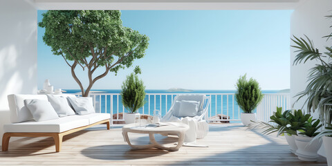 Fototapeta premium Generative AI Modern style wooden terrace with city view 3d render, decorated with luxury white fabric chairs and white tree pot