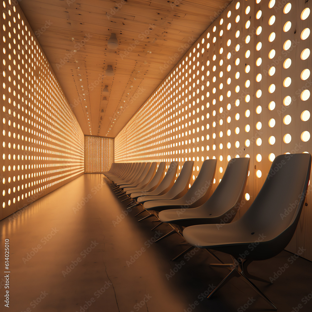 Poster generative ai corridor between the bench in the church with the sunlight, inside the building with a