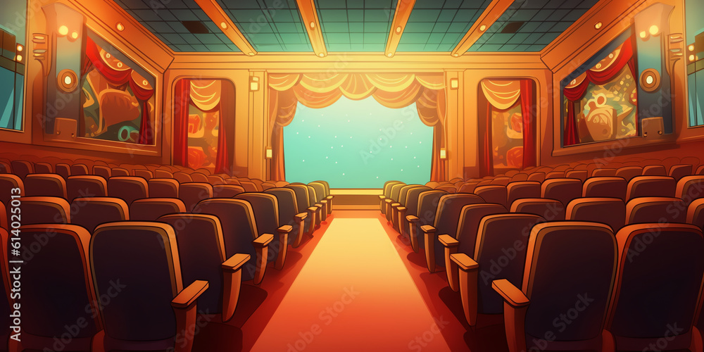 Poster generative ai movie theater with rows of red empty chairs and spotlight, cinema hall seats, vector i