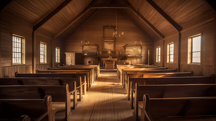 Generative AI WIMPOLE, UK - 11 MARCH 2017: St. Andrew's Parish Church, Wimpole, Cambridgeshire, UK. The interior of an old rural English church with its original wooden pews and altar.