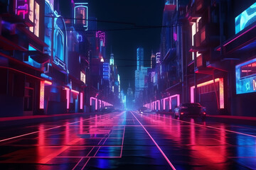 Fototapeta premium Generative AI Beautiful neon night in a cyberpunk city. Photorealistic 3d illustration of the futuristic city. Empty street with blue neon lights.