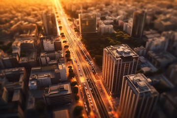 Generative AI aerial drone shot passing over a building with homes, offices, shopping centers moving towards skyscapers in front of sunset showing the empty outskirts of the city of gurgaon India Asia - obrazy, fototapety, plakaty