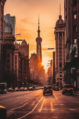 Fototapeta na wymiar Generative AI Empty asphalt road and city skyline with buildings at sunset in Shanghai.