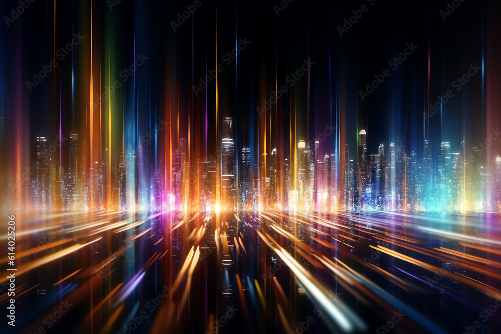 Aufkleber Generative AI 3D Rendering of warp speed in hyper loop with blur light from buildings' lights in mega city at night. Concept of next generation technology, fin tech, big data, 5g fast network, machine