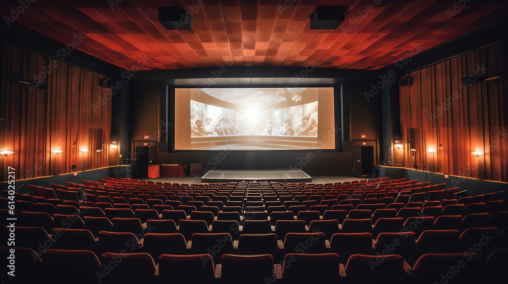 Aufkleber Generative AI Front view of cinema with blank screen. Toned image. Mock up, Ad concept, 3D Rendering