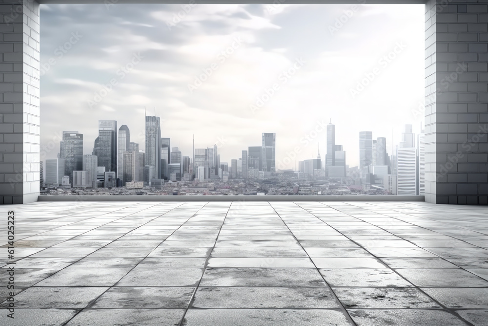Poster generative ai cityscape and skyline of downtown in sunset day on view from empty floor background