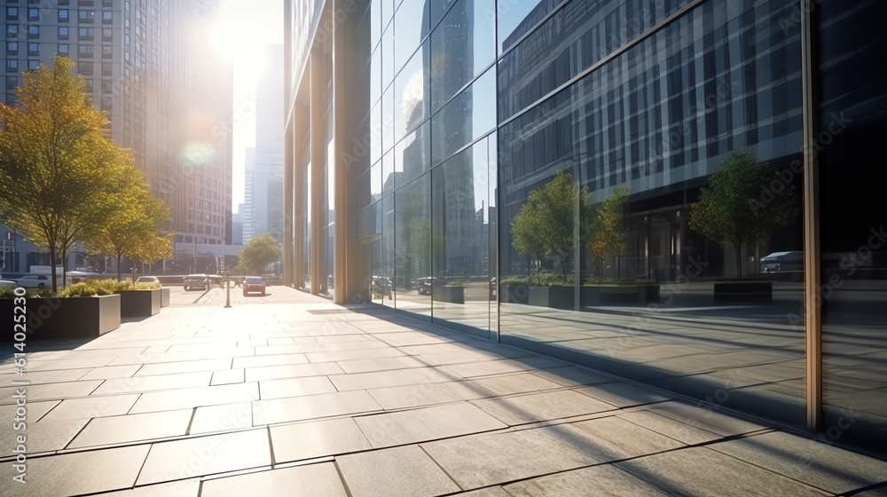 Poster generative ai empty walkway road and modern office buildings exterior. 3d rendering