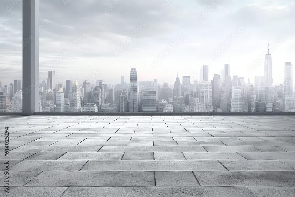 Poster generative ai perspective view of empty concrete floor and modern rooftop building with sunrise city
