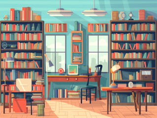 Generative AI Cartoon classroom interior with view on blackboard, school desks with chairs, bookcase, door and window. Flat Vector Illustration.