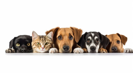 Cute puppies and kittens hanging over a white wooden board with copy space on a white background. Dogs and cats peeking over banner on white background. Realistic 3D illustration. Generative AI - obrazy, fototapety, plakaty