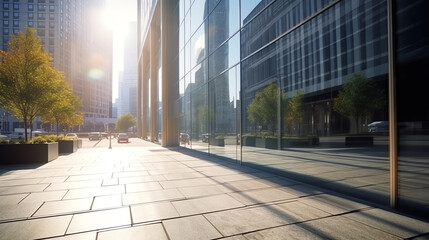 Generative AI Empty walkway road and modern office buildings exterior. 3d rendering