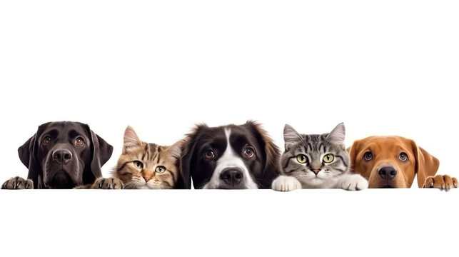 Cute puppies and kittens hanging over a white wooden board with copy space on a white background. Dogs and cats peeking over banner on white background. Realistic 3D illustration. Generative AI