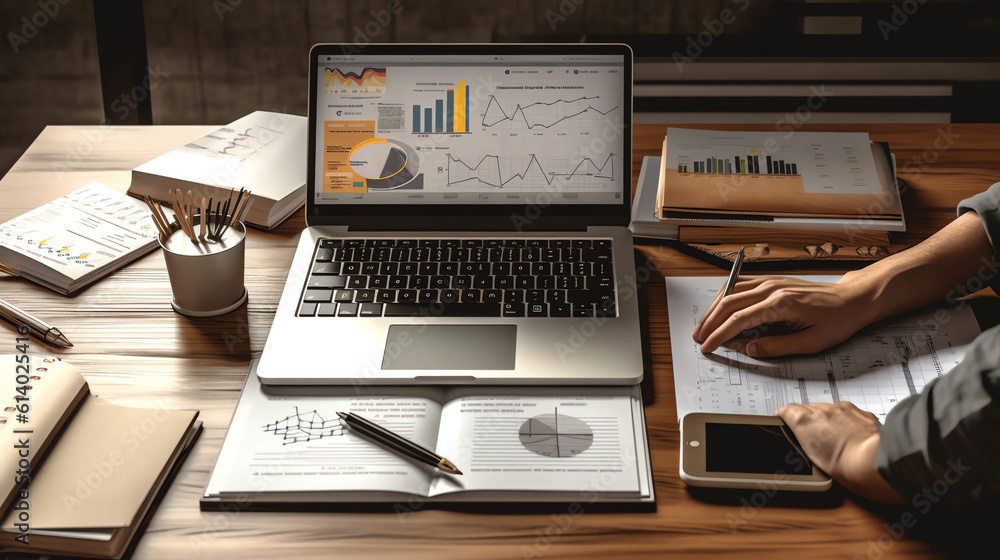 Poster generative ai manager working desk with laptop computer, document, paperwork and office suppliers.