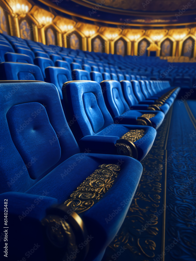 Poster generative ai empty rows of blue theater or movie seats with one special red seat - 3d illustration