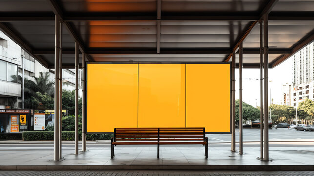 Generative AI bus stop with big horizontal advertisement mockup 3d rendering