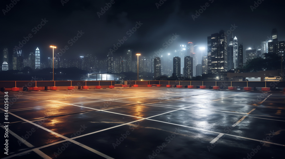 Poster Generative AI Empty asphalt road under the bridge during the night with beautiful city skyline background . 3d rendering