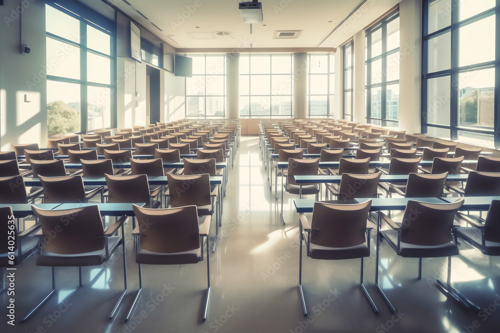 Aufkleber generative ai an empty large lecture room / university classroom with blue chairs
