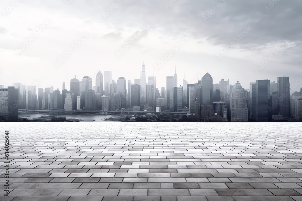 Poster generative ai cityscape with empty tarmac floor. sunset scene. image composite