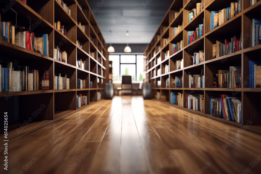 Aufkleber Generative AI Blurred image for background of many books on bookshelf in library.