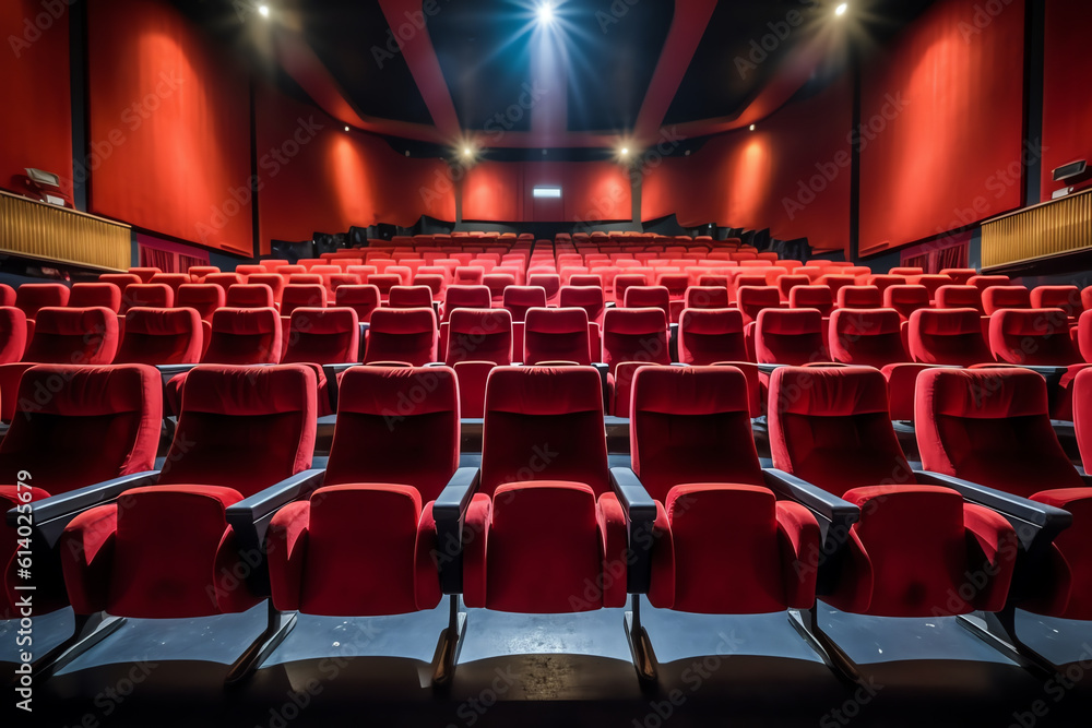 Poster Generative AI Empty comfortable red seats with numbers in cinema