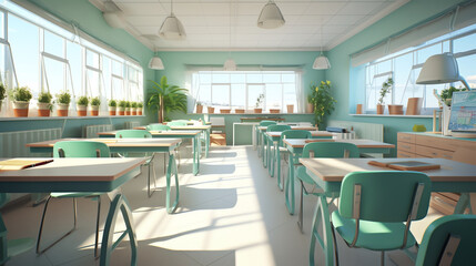 Generative AI Blue and gary modern classroom without students - 3d rendering