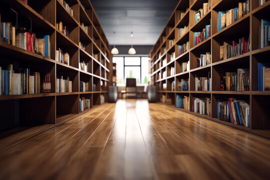 Generative AI Blurred image for background of many books on bookshelf in library.