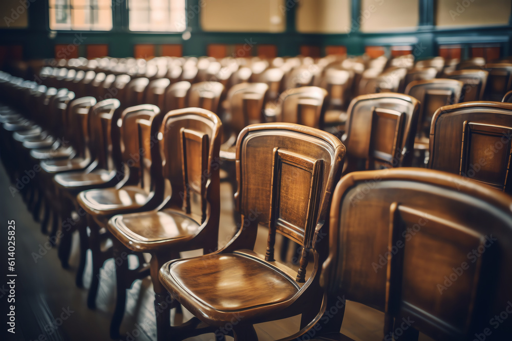 Poster Generative AI The used medical face mask hangs on the wood lecture chairs in the empty classroom. Concept during the Coronavirus Disease COVID-19 outbreak and pandemic in the 2020s. Back to school con