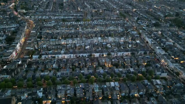 Fulham, at misty dusk through drone